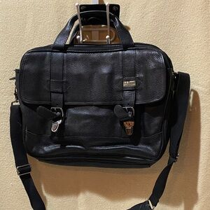 LL Bean Black Pebbled Leather Men's Messenger Computer Bag